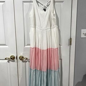 Pink, blue and white maxi dress from Torrid